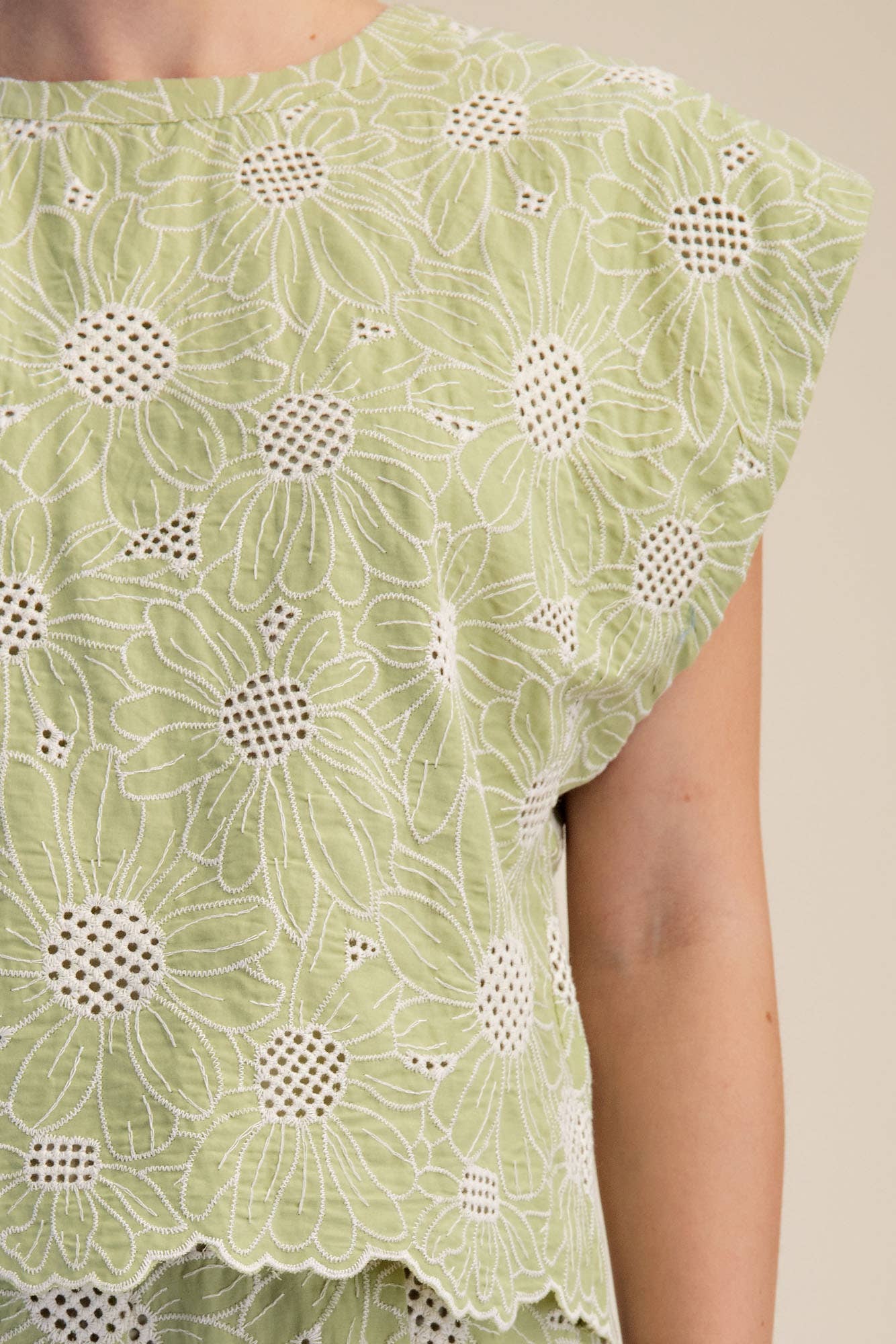 Round Neck Short Sleeve Scallop Hem Embroidery Top