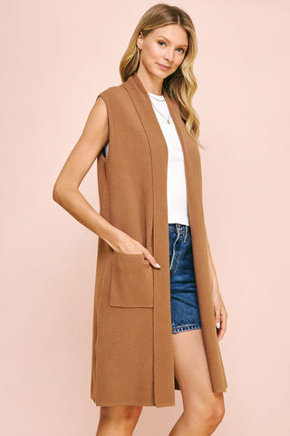 Women's Open-Front Shawl Collar Long Knit Vest