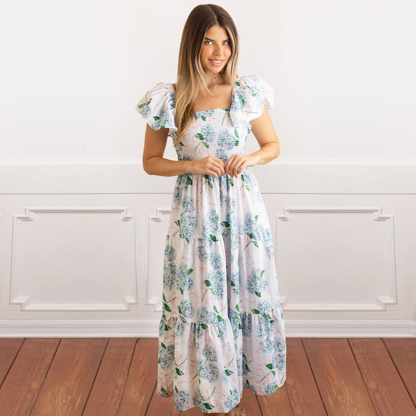 Hydrangea Ribbons Smocked Flutter Sleeve Dress