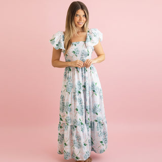 Hydrangea Ribbons Smocked Flutter Sleeve Dress