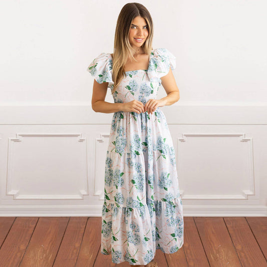 Hydrangea Ribbons Smocked Flutter Sleeve Dress