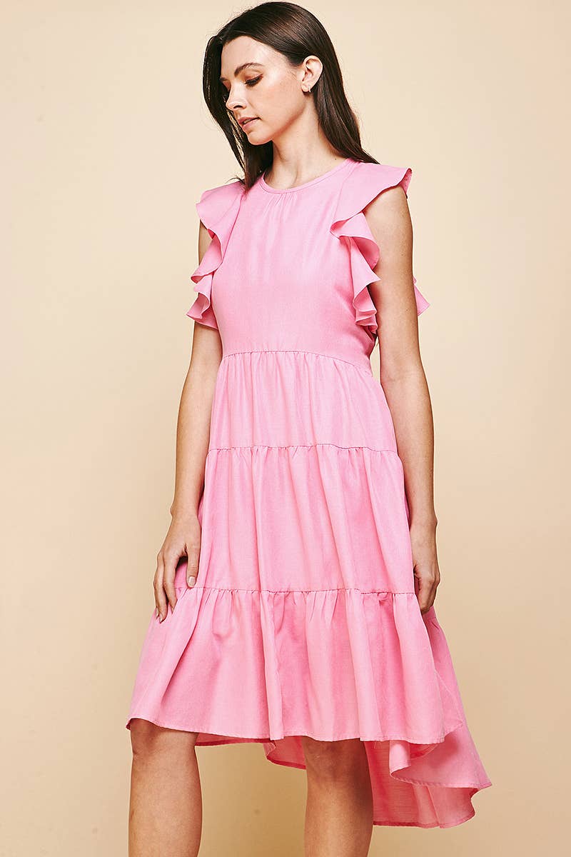 Ruffle Sleeve Tiered Midi Dress - Pink