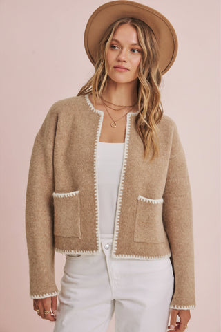Open Front Whipstitch Brushed Wool Blend Sweater Jacket