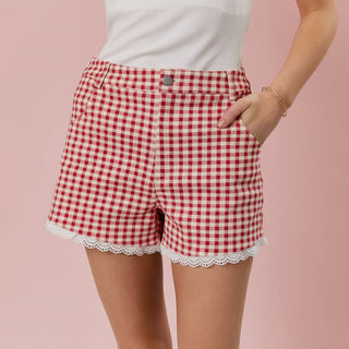 Red and White Gingham & Lace Denim Shortscn