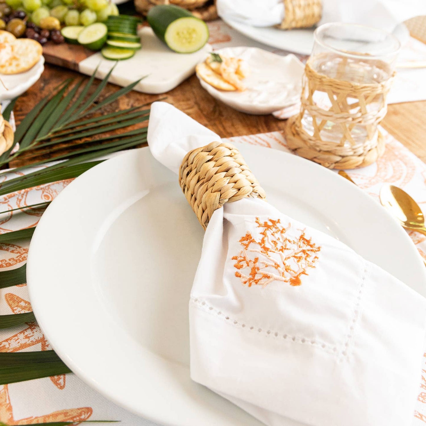 Coral Embroidered Dinner Napkin