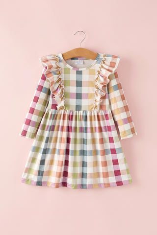 Fall Thanksgiving Plaid Long Sleeve Girls Dress