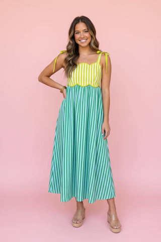 Color-Block Striped Scalloped Maxi Dress