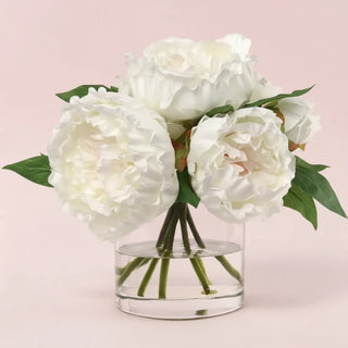 White Peony Arrangement with 7 Frond in Glass Vase Faux Flower