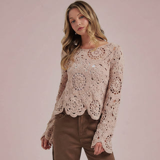 Women's Crochet Lace Looking Chenille Knit Boho Fall Sweater Top
