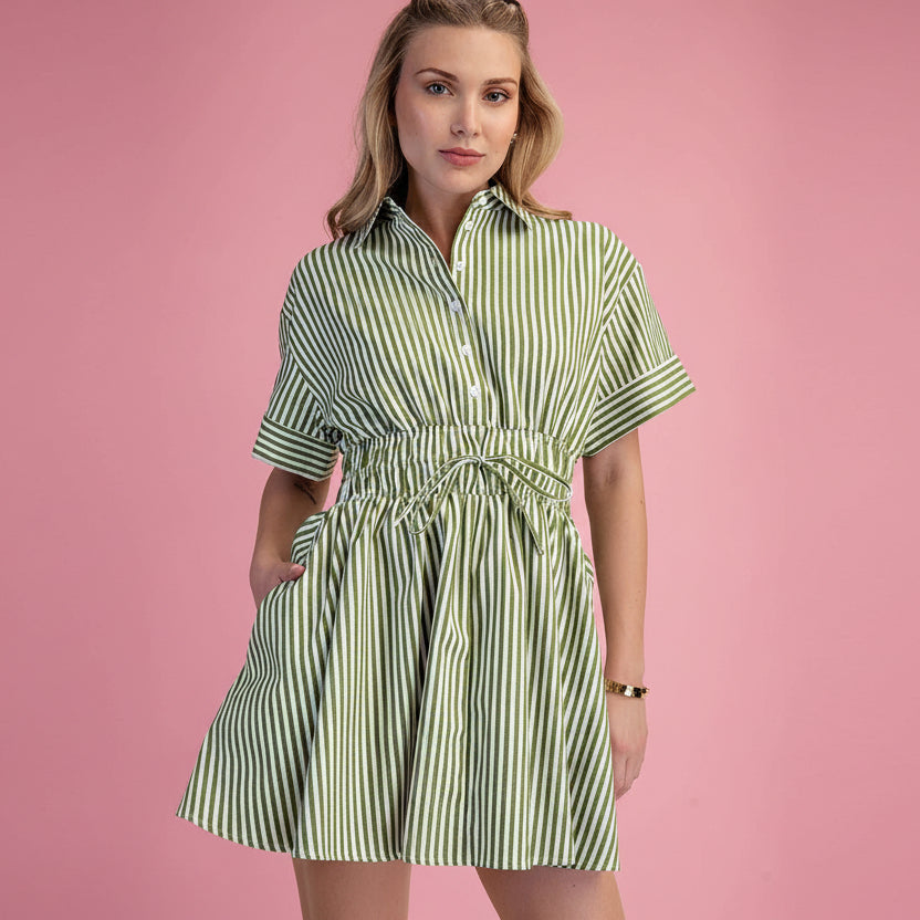 Green & White Striped Collared Mini Dress with Elastic Waist  Hive Sweet  Home