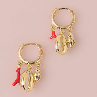 Sea Shells And Enamel Coral Charms Hoop Earrings