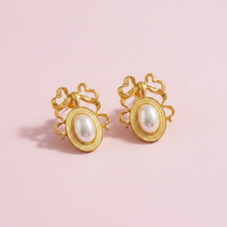 Bow Top Oval Pearl Frame Stud Earrings