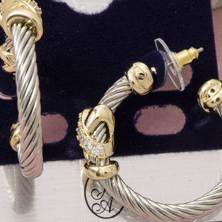 Mixed-Metal Cable Twist Hoop Earrings with CZ Accents