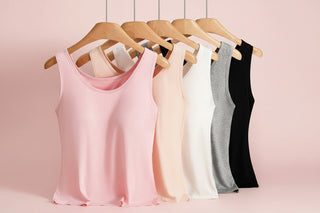 Set of five tank tops in different colors hanging on wooden hangers against a pink background
