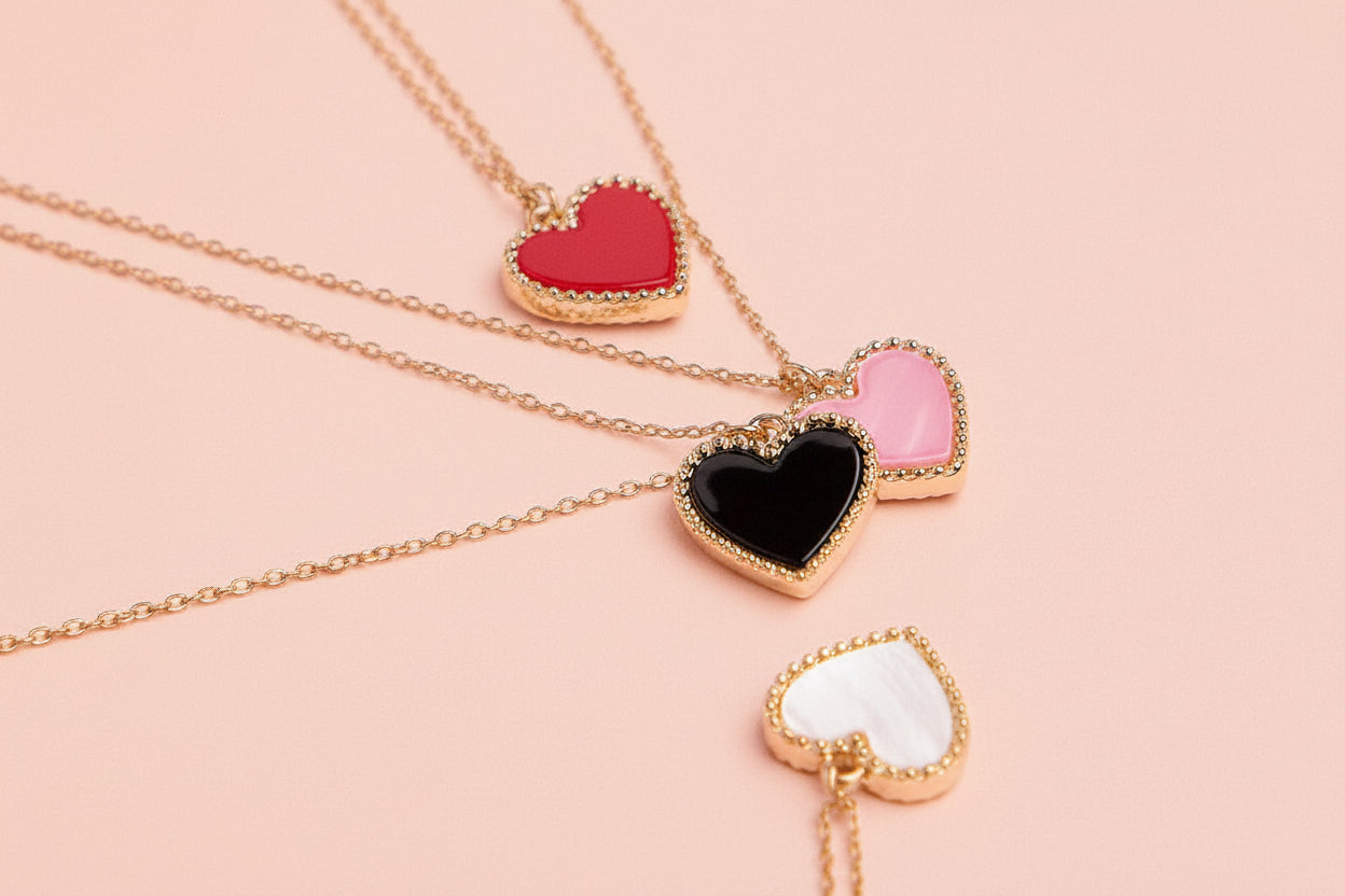 Gold Heart Pendant Necklace with Enamel and Crystal Charm