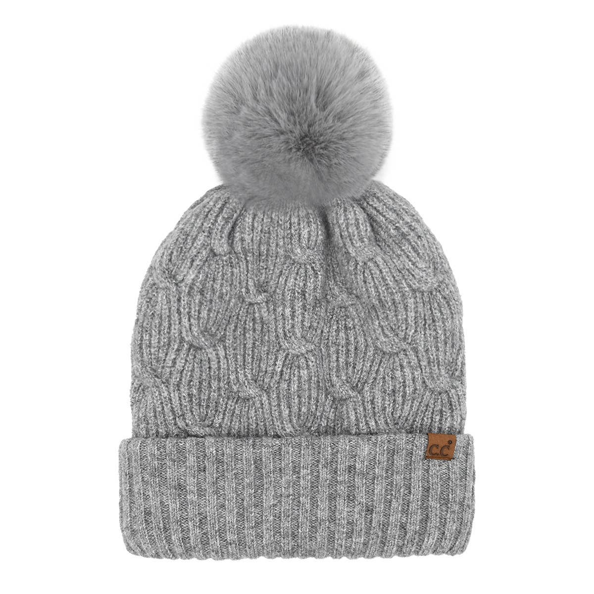 Cable Knit Faux Fur Pom Pom Beanie
