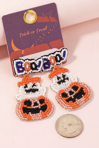"BOO!" Beaded Jack-O'-Lantern Halloween Dangle Earrings