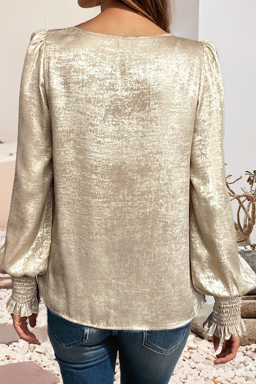 Metallic Smocked Sleeve Holiday Blouse