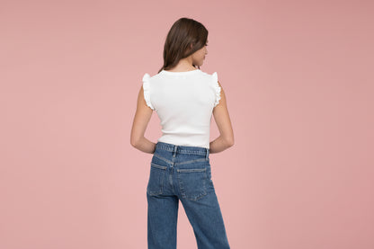 Ribbed Sleeveless Ruffle Shoulder Knit Tank Top