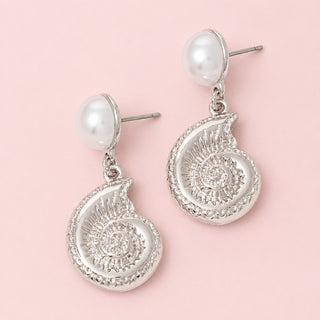 Pearl Stud And Sea Shell Dangle Charm Earrings