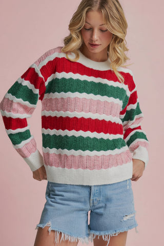 Women's Holiday Christmas Color Textured Stripe Sweater Top