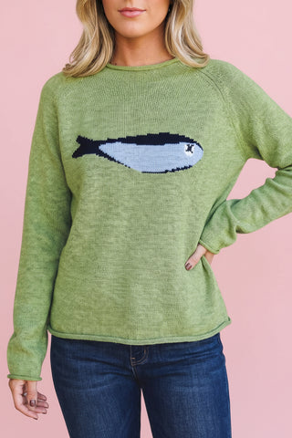 Women's Marine Fish Pattern Raw Edge Loose Knit Sweater
