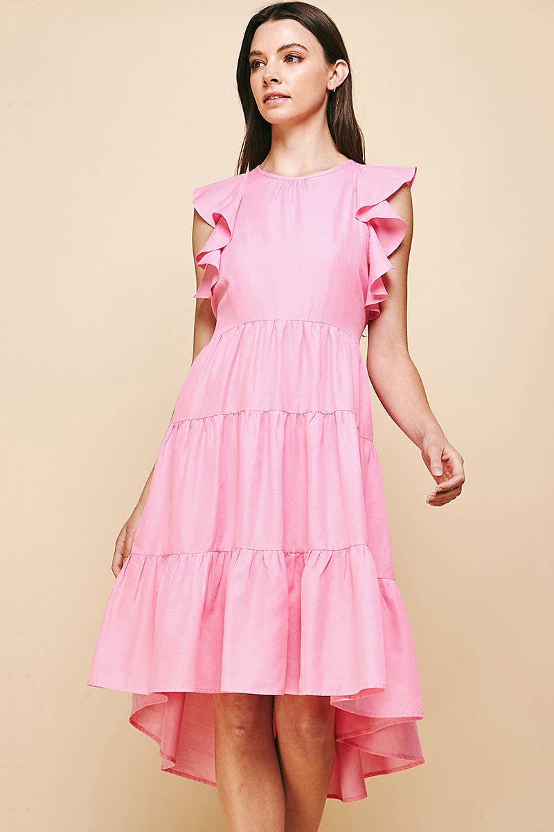 Ruffle Sleeve Tiered Midi Dress - Pink