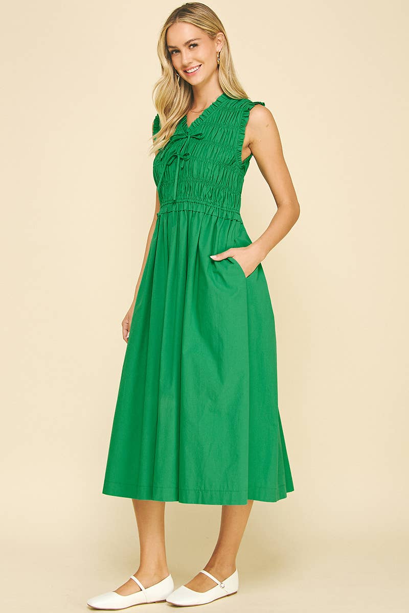 Front-Tie Detailed Smocking Midi Dress