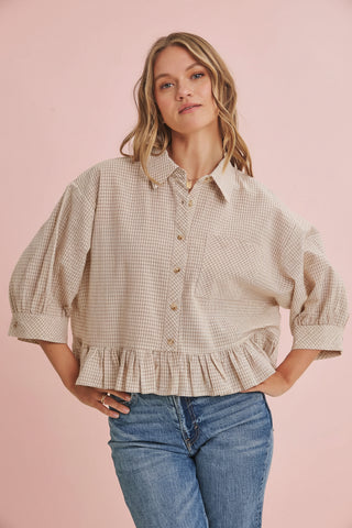 Women's Relaxed Gingham Check Button Down Shirt with Ruffle Hem