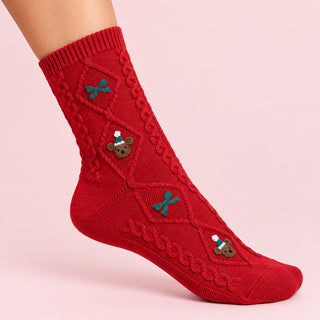Cable Knit Teddy Bear Holiday Socks