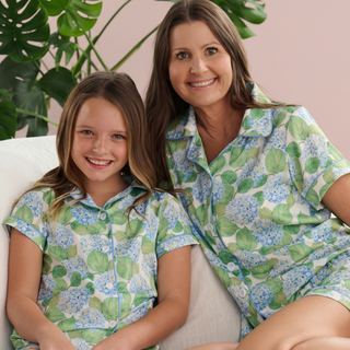 Spring Summer Satin Short Pajama Set - Blue Hydrangeas