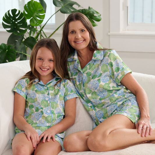 Spring Summer Satin Short Pajama Set - Blue Hydrangeas