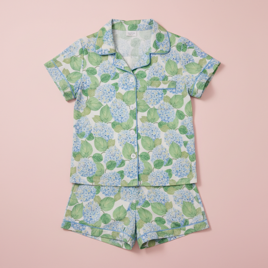 Spring Summer Satin Short Pajama Set - Blue Hydrangeas