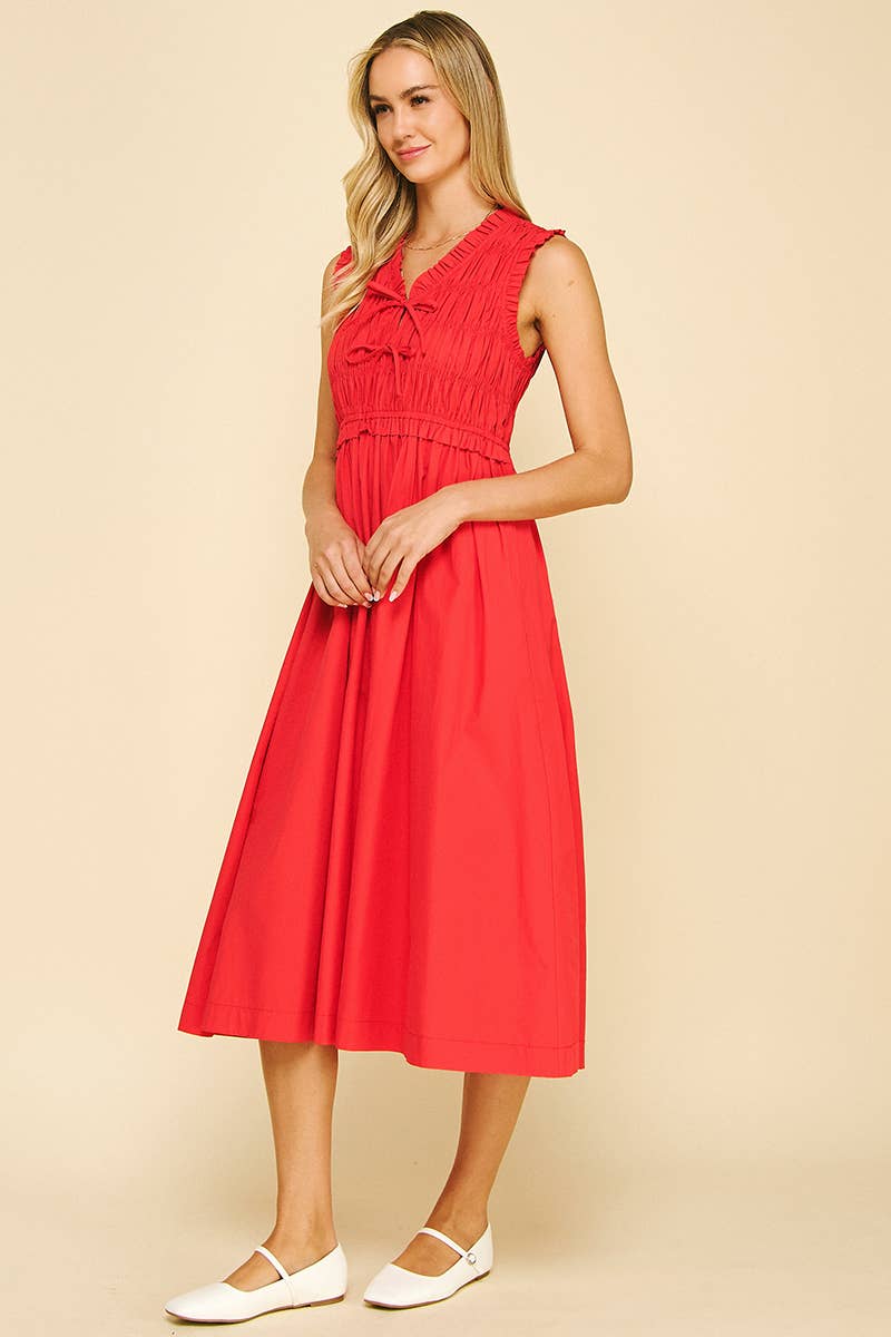 Front-Tie Detailed Smocking Midi Dress