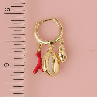 Sea Shells And Enamel Coral Charms Hoop Earrings