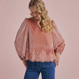 Women's Romantic Holiday Velvet Blouse Top with Eyelash Lace Hem