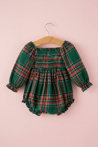Christmas Plaid Smocked Baby Girl Bubble Romper Ruffle Detail