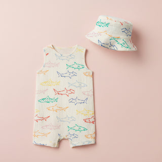 Baby Sleeveless Shark Henley Romper & Bucket Hat Set
