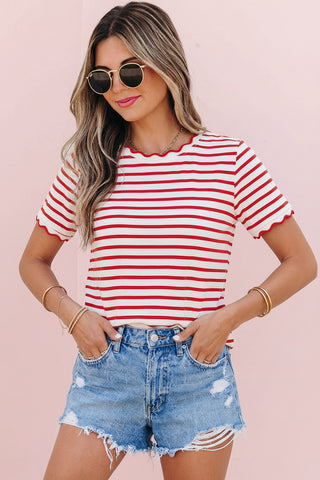 Stripe Scalloped Trim Round Neck T Shirt