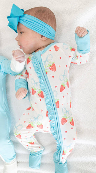 Strawberries and Bows Ruffled Zipper Onesie
