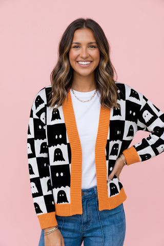 Women's Halloween Ghost Checkered Knit Cardigan