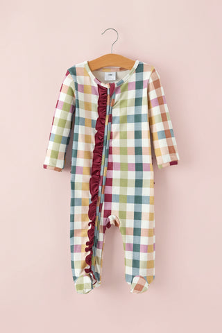 Baby Girl Plaid Ruffle Footie Pajamas | Long Sleeve Zipper Romper