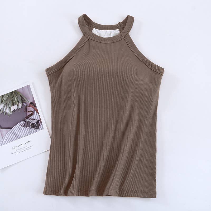 Basic Round Neck Halter Rib Knit Built-In Bra Tank Top