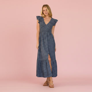 Smocked Maxi Dress with Flutter Sleeve and Button-Down Skirt