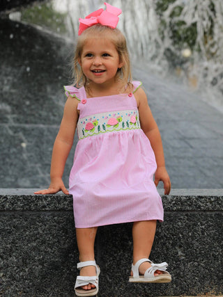 Turtle Smocked Pink Stripe Ruffle Dress
