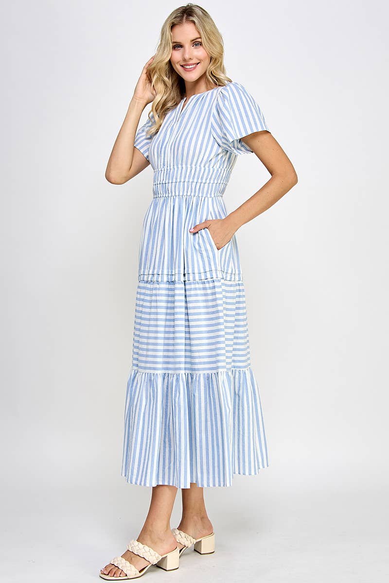 Veronica Blue Striped Spring Summer Maxi Midi Dress