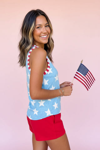 Patriotic Star Print Striped Trim Casual Tank Top