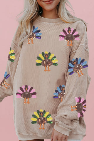 Thanksgiving Real Sequin Turkey Graphic Baggy Sweatshirt
