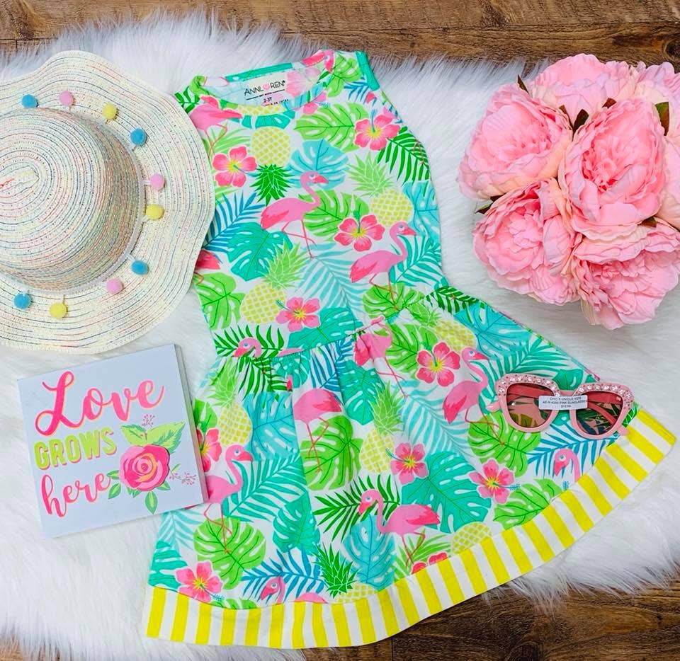 Girls Spring Pink Flamingo & PalmsTropical Dress sz 2/3T
