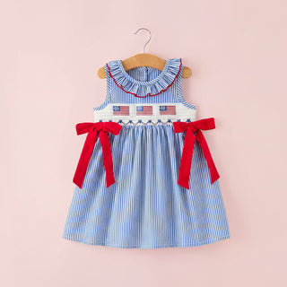 Girls 4th of July Twirl Dress Bow Smocked Embroidery